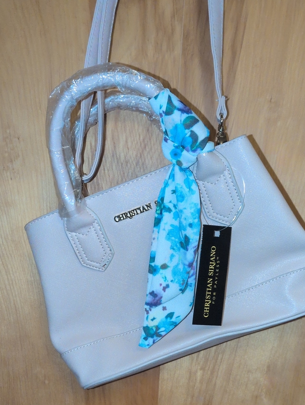 Pastel Pink New Christian Siriano Cream Satchel with Blue Floral Scarf